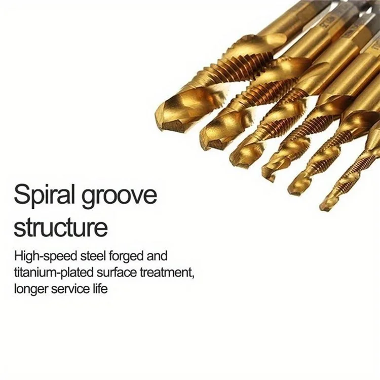 6Pcs / Set M3-M10 Drill Tap Bits Set 1 / 4 Hex Shank HSS Spiral Tap Bits for Deburring, Chamfering, Drilling - Long Type Gold