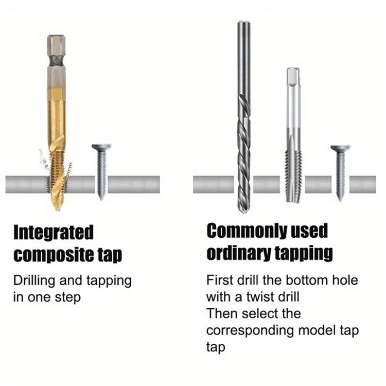 6Pcs / Set M3-M10 Drill Tap Bits Set 1 / 4 Hex Shank HSS Spiral Tap Bits for Deburring, Chamfering, Drilling - Long Type Gold