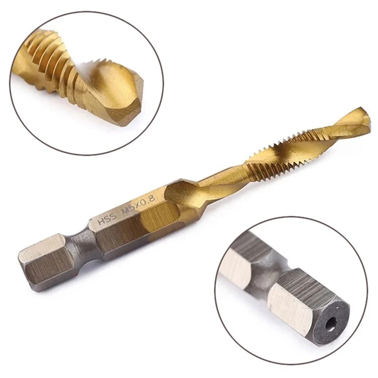 6Pcs / Set M3-M10 Drill Tap Bits Set 1 / 4 Hex Shank HSS Spiral Tap Bits for Deburring, Chamfering, Drilling - Long Type Gold