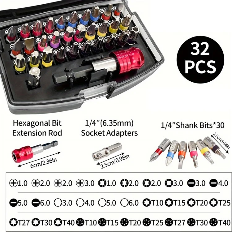 32 pezzi/set Acciaio S2 Cacciavite elettrico Punta corta Scanalata Phillips Pozidriv Torx Esagonali Aste di prolunga Kit