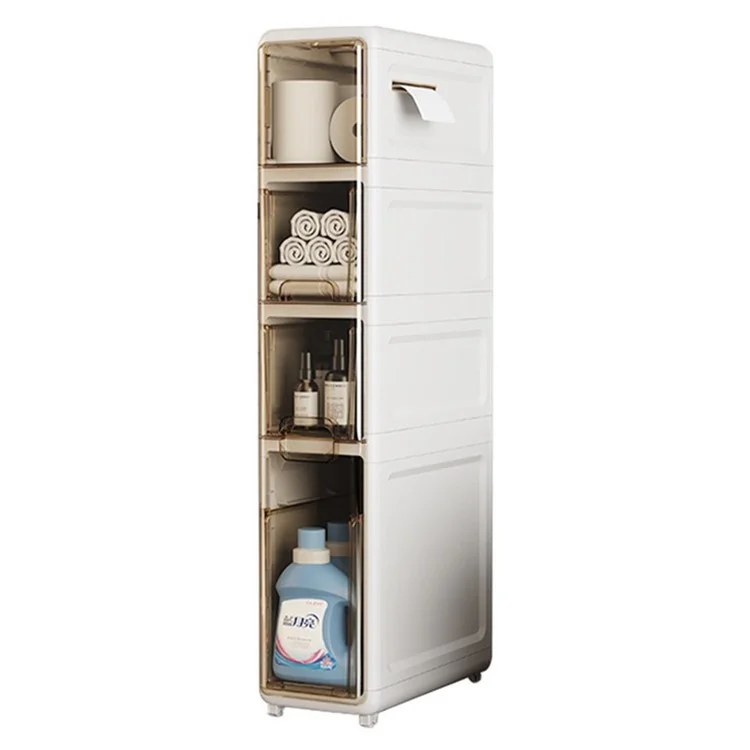 4-Tier Slim Bathroom Storage Cabinet Tissue Dispenser PP + PS Narrow Gap Organizer Shelf