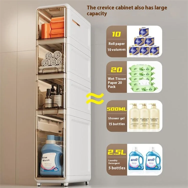 4-Tier Slim Bathroom Storage Cabinet Tissue Dispenser PP + PS Narrow Gap Organizer Shelf