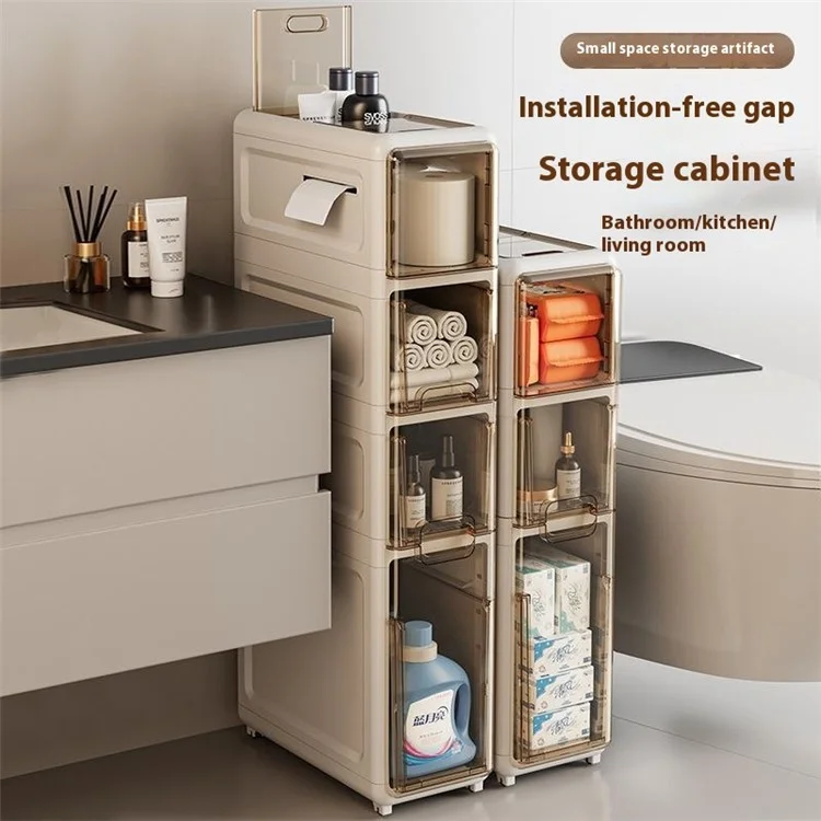 4-Tier Slim Bathroom Storage Cabinet Tissue Dispenser PP + PS Narrow Gap Organizer Shelf