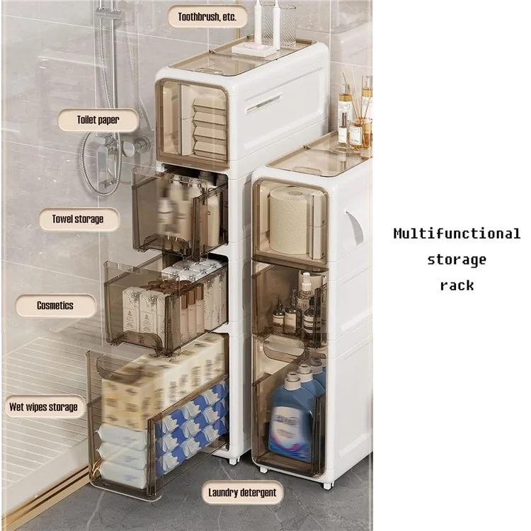 2-Tier Slim Bathroom Storage Cabinet Tissue Dispenser PP + PS Narrow Gap Organizer Shelf