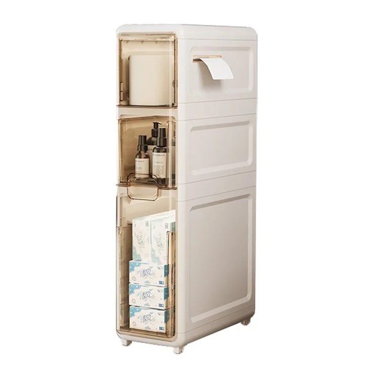 3-Tier Slim Bathroom Storage Cabinet Tissue Dispenser PP + PS Narrow Gap Organizer Shelf