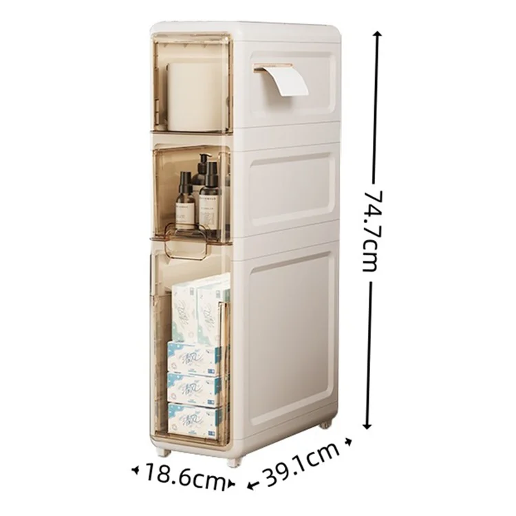 3-Tier Slim Bathroom Storage Cabinet Tissue Dispenser PP + PS Narrow Gap Organizer Shelf
