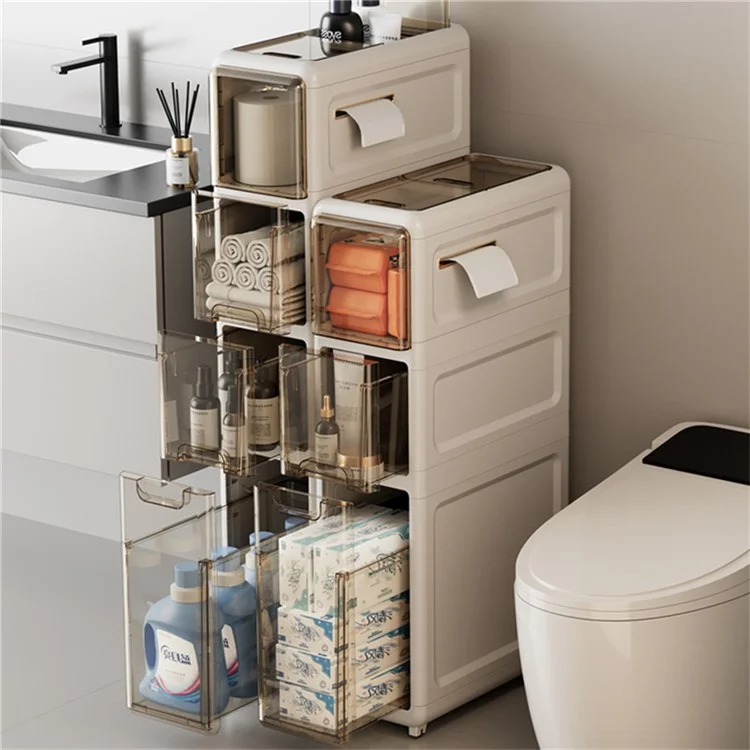 3-Tier Slim Bathroom Storage Cabinet Tissue Dispenser PP + PS Narrow Gap Organizer Shelf
