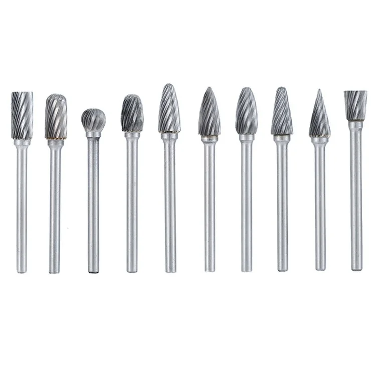 10Pcs Tungsten Carbide Grinding Heads Rotary Burr Set for Wood Metal Engraving Milling Carving - Single Groove
