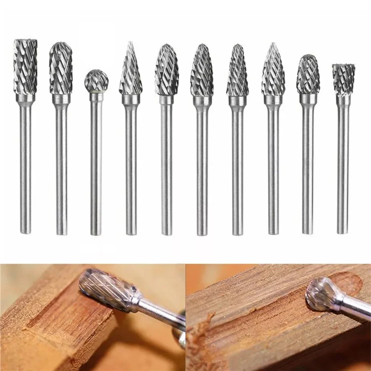 10Pcs Tungsten Carbide Grinding Heads Rotary Burr Set for Wood Metal Engraving Milling Carving - Single Groove