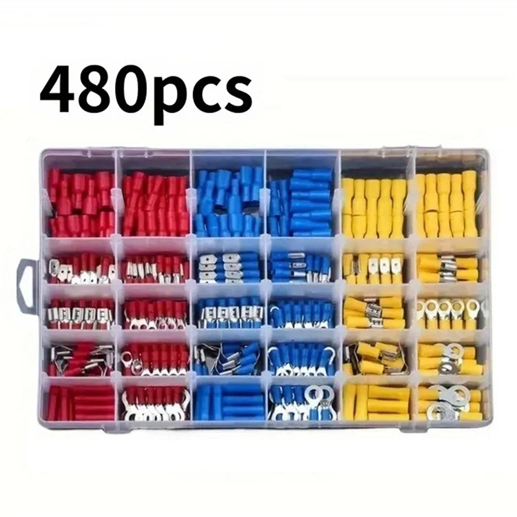 480 Pcs Conjunto Variado de Terminais de Anel Isolados Kit de Conectores de Crimpagem Elétrica de Pressão a Frio
