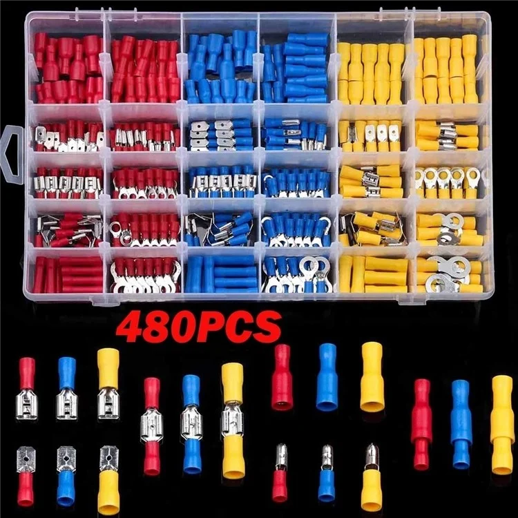 480 Pcs Conjunto Variado de Terminais de Anel Isolados Kit de Conectores de Crimpagem Elétrica de Pressão a Frio