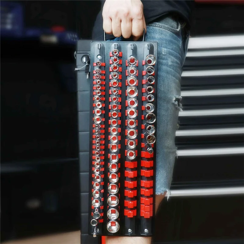 Handled Socket Organizer with 80 Socket , 1  /  4" 3  /  8" 1  /  2" Socket Holder for Workshop  /  Garage - Red