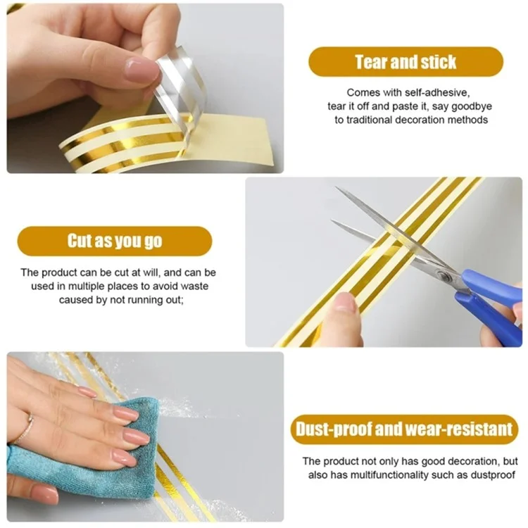 2.5cm PVC Gold Foil Floor Tile Tape Strip Wall Gap Seam Self Adhesive Decorative Sticker , Length 5m