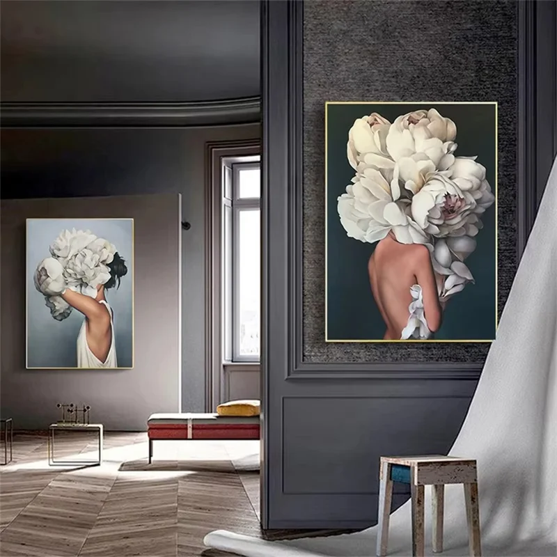 60 x 80cm Floral Feather Wall Art Canvas Print Abstract Woman Decorative Painting for Bedroom Living Room