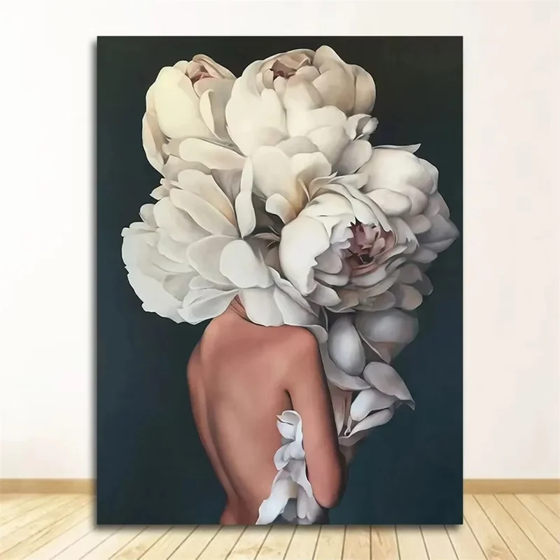 60 x 80cm Floral Feather Wall Art Canvas Print Abstract Woman Decorative Painting for Bedroom Living Room