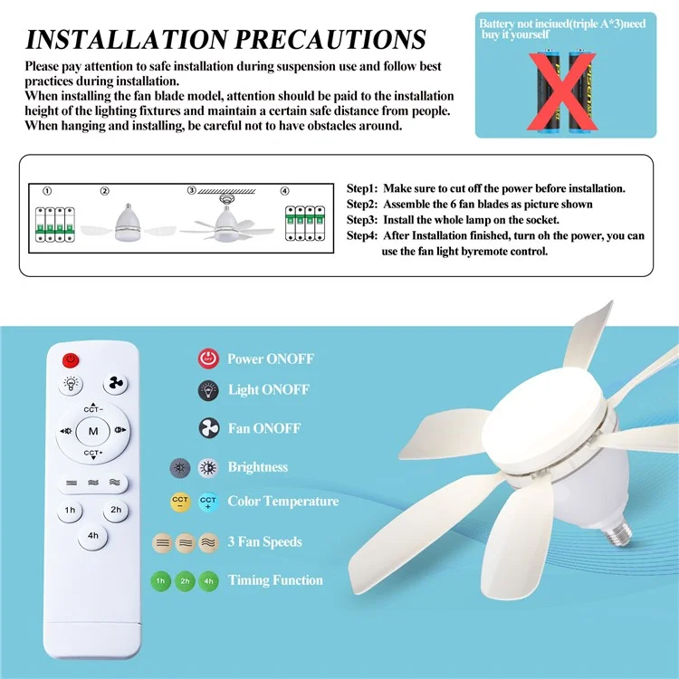 LEC017 Compact 3-Speed Fan Light E27 Screw Base Smart Dimmable Ceiling Fan with Remote Control - White