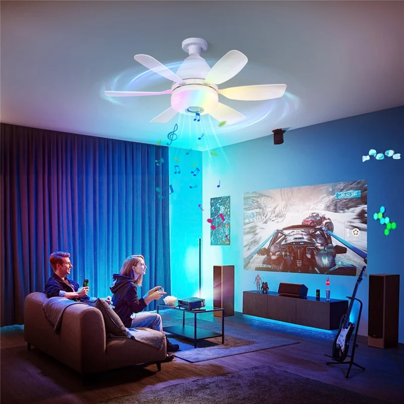 LEC017R 3 Speeds Fan Light RGB Dimmable Remote Control Ceiling Fan with Bluetooth-compatible Speaker - Multi-color