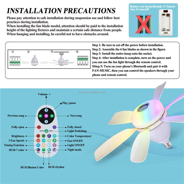 LEC017R 3 Speeds Fan Light RGB Dimmable Remote Control Ceiling Fan with Bluetooth-compatible Speaker - Black