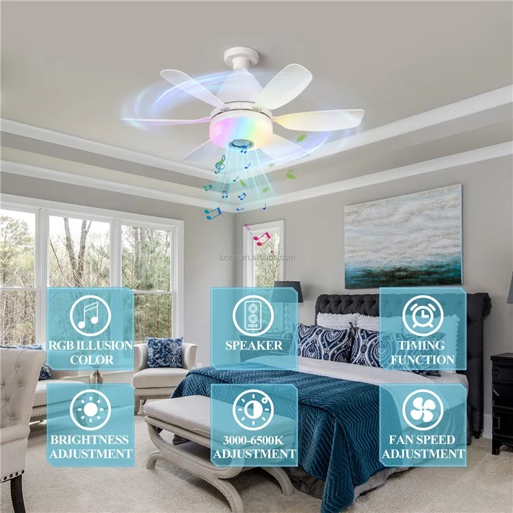 LEC017R 3 Speeds Fan Light RGB Dimmable Remote Control Ceiling Fan with Bluetooth-compatible Speaker - Black