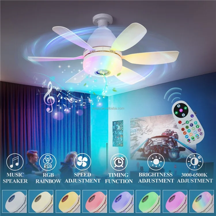 LEC017R 3 Speeds Fan Light RGB Dimmable Remote Control Ceiling Fan with Bluetooth-compatible Speaker - Black
