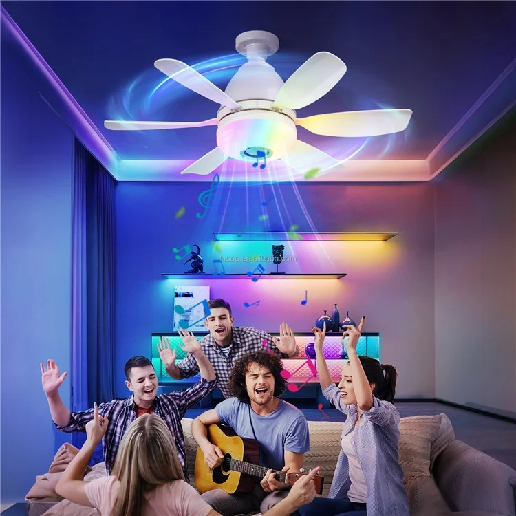 LEC017R 3 Speeds Fan Light RGB Dimmable Remote Control Ceiling Fan with Bluetooth-compatible Speaker - Black