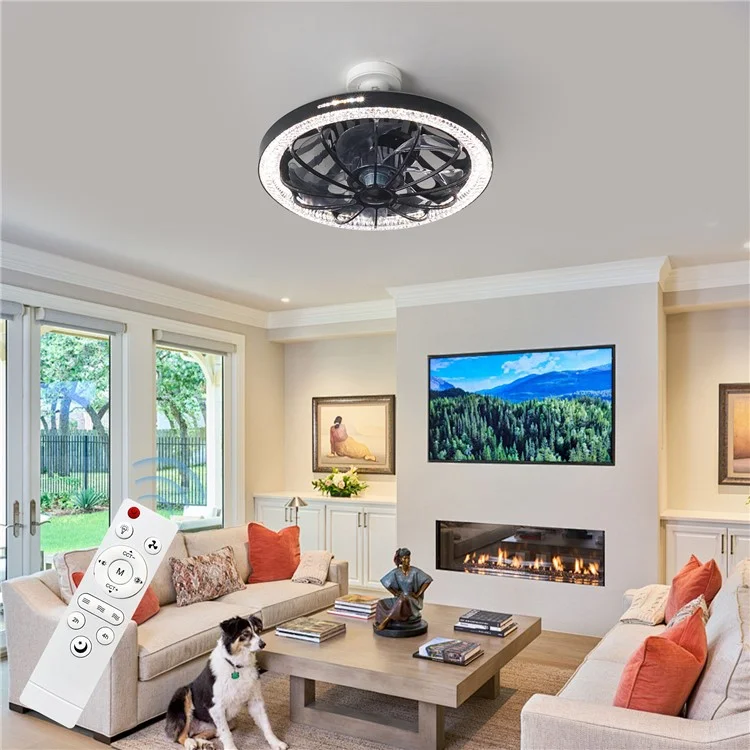 LEC019 LED Ceiling Fan Light Smart Dimmable Remote Control Pendant Fan Lamp 3 Speed Adjustable - Black  /  Crystal Cover
