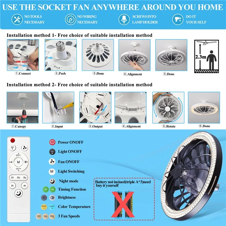 LEC019 LED Ceiling Fan Light Smart Dimmable Remote Control Pendant Fan Lamp 3 Speed Adjustable - Black  /  Crystal Cover