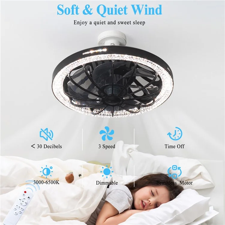 LEC019 LED Ceiling Fan Light Smart Dimmable Remote Control Pendant Fan Lamp 3 Speed Adjustable - Black  /  Crystal Cover