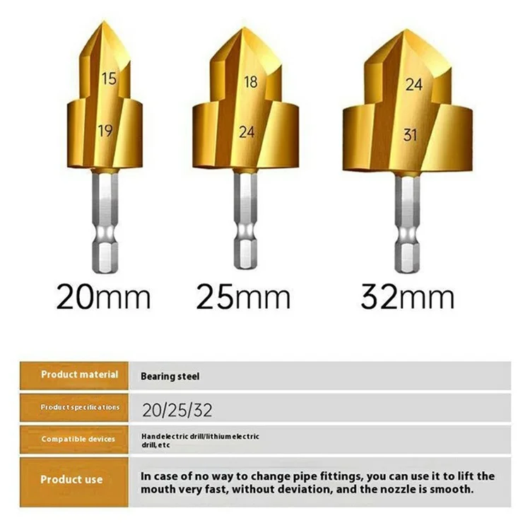 3Pcs / Set 3 Flute 20 + 25 + 32mm HSS Hex Shank PPR Pipe Reamer Drill Bit Step Drill Hole Opener for Water Pipe Expansion