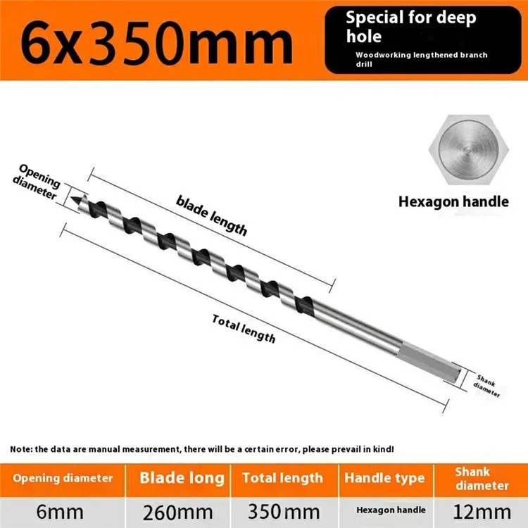 Mèche à Auger Hexagonale de 6x350mm pour Perçage Profond - Outil de Menuiserie pour Perceuse Électrique / Perceuse à Colonne