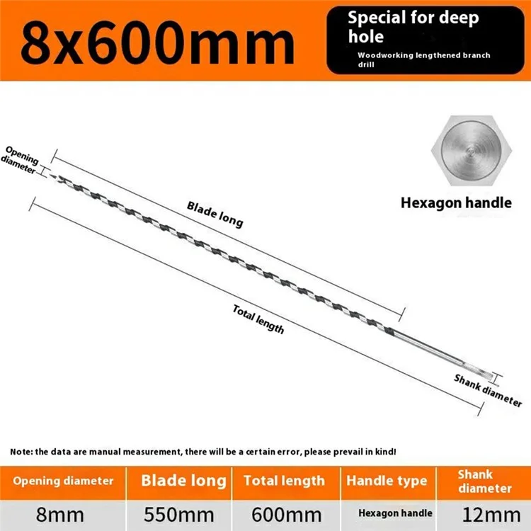 8x600mm Deep Hole Extended Auger Drill Bit Woodworking Hex Shank Bit for Electric Drill / Bench Drill