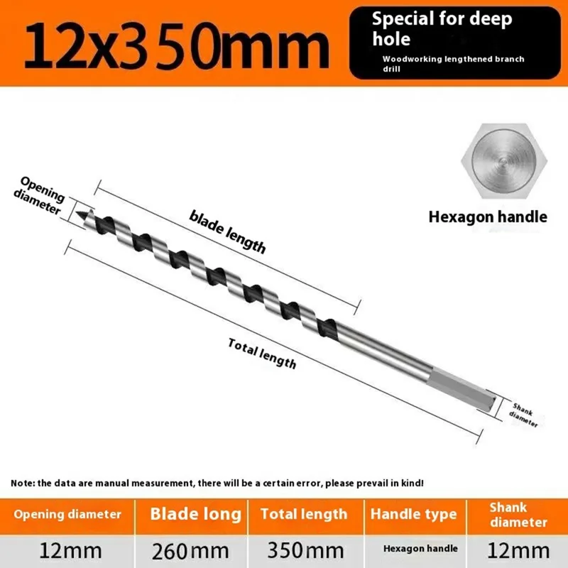 12x350mm Deep Hole Extended Auger Drill Bit Woodworking Hex Shank Bit for Electric Drill / Bench Drill