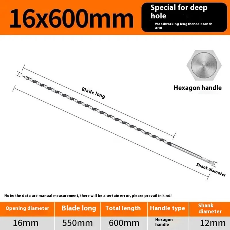 16x600mm Deep Hole Extended Auger Drill Bit Woodworking Hex Shank Bit for Electric Drill / Bench Drill