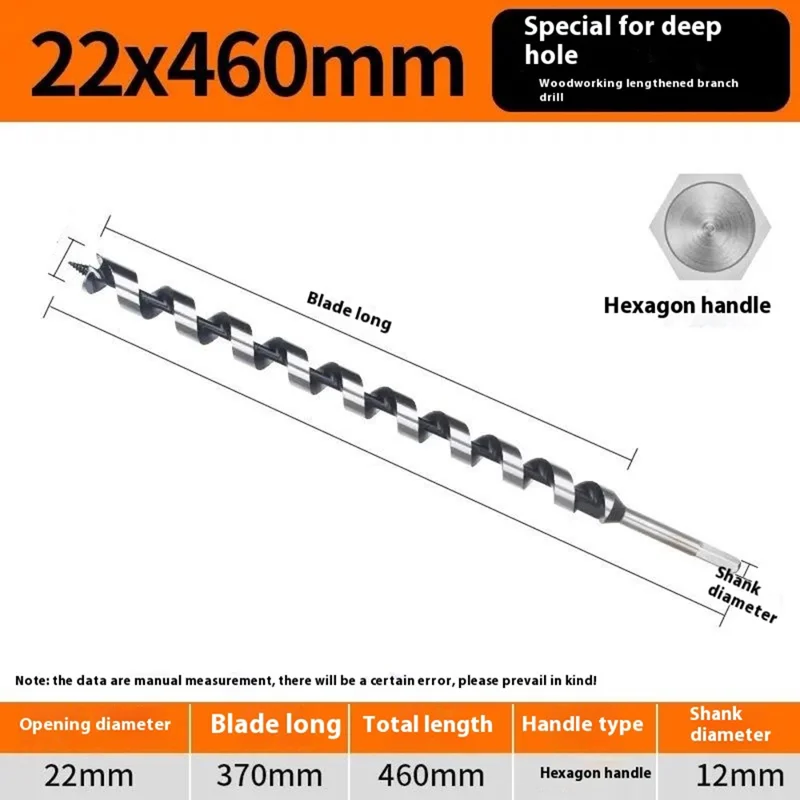 22 x 460mm Deep Hole Extended Auger Drill Bit Woodworking Hex Shank Bit for Electric Drill  /  Bench Drill