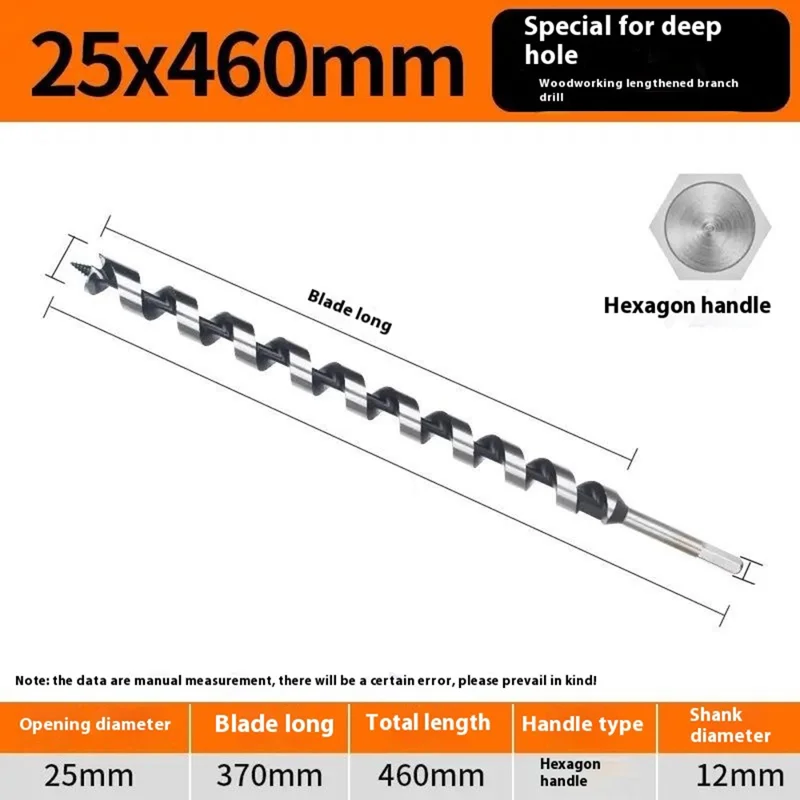 Wiertło spiralne 25 x 460 mm z przedłużeniem do głębokich otworów, wiertło stożkowe z sześciennym trzpieniem do wiercenia drewna, do wkrętarki elektrycznej / wiertarki stołowej