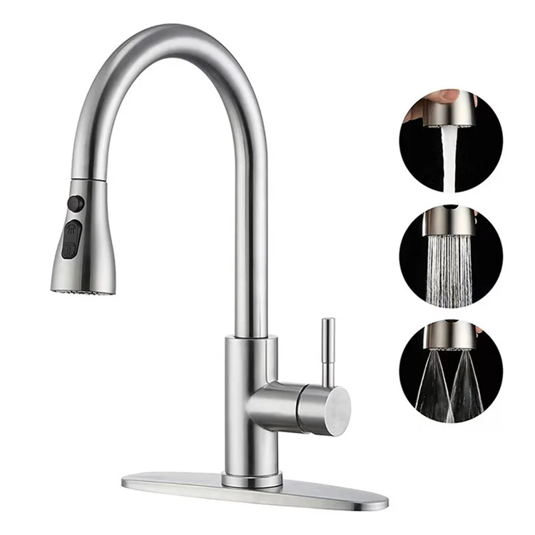 Rubinetto da cucina retrattile a 3 modalità in acciaio inox 304 per lavello, con spruzzatore estraibile a 360°, miscelatore acqua calda e fredda - Argento
