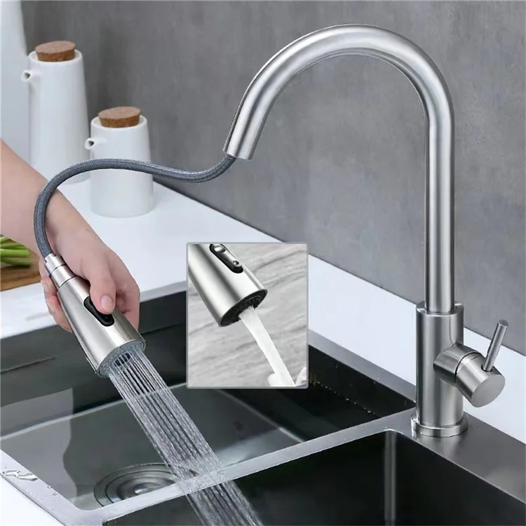 Rubinetto da cucina retrattile a 3 modalità in acciaio inox 304 per lavello, con spruzzatore estraibile a 360°, miscelatore acqua calda e fredda - Argento