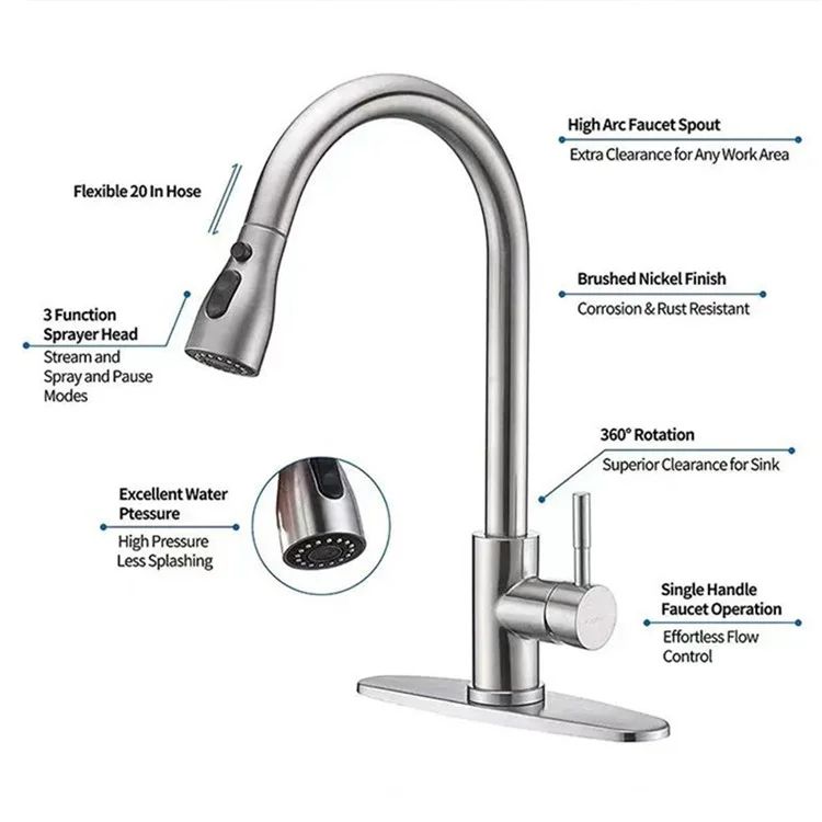 Rubinetto da cucina retrattile a 3 modalità in acciaio inox 304 per lavello, con spruzzatore estraibile a 360°, miscelatore acqua calda e fredda - Argento