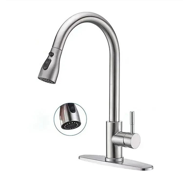 Rubinetto da cucina retrattile a 3 modalità in acciaio inox 304 per lavello, con spruzzatore estraibile a 360°, miscelatore acqua calda e fredda - Argento