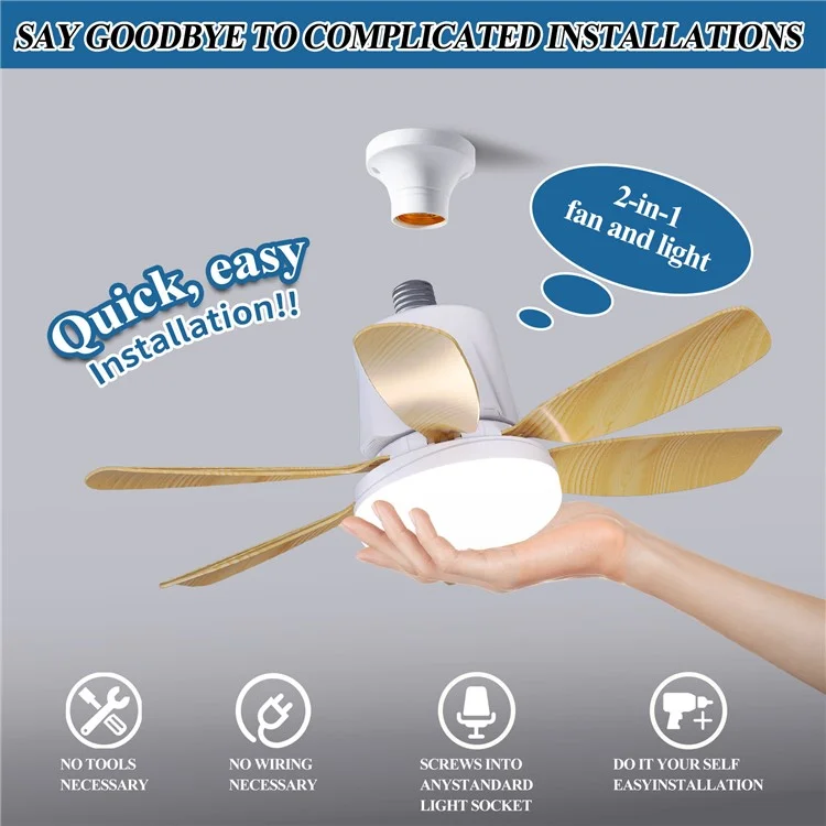 LEC020 Remote Control 3 Speeds Adjustable E27 Ceiling Fan Light with Wood Grain Blades - White