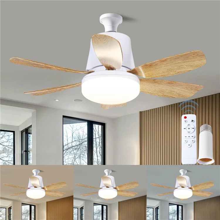 LEC020 Remote Control 3 Speeds Adjustable E27 Ceiling Fan Light with Wood Grain Blades - White