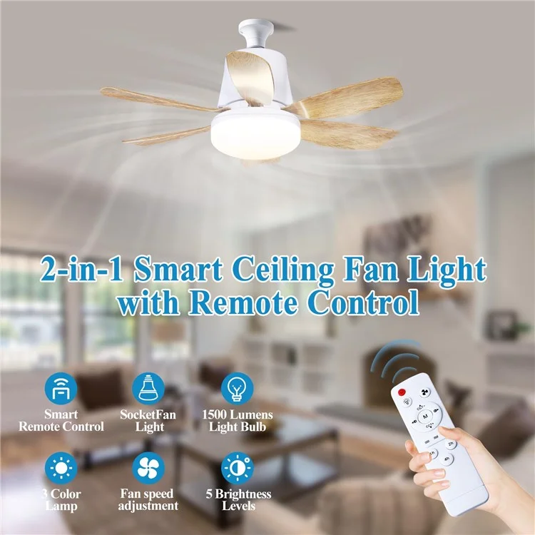 LEC020 Remote Control 3 Speeds Adjustable E27 Ceiling Fan Light with Wood Grain Blades - White