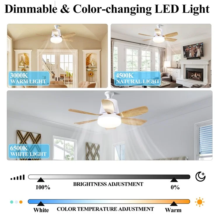 LEC020 Remote Control 3 Speeds Adjustable E27 Ceiling Fan Light with Wood Grain Blades - White