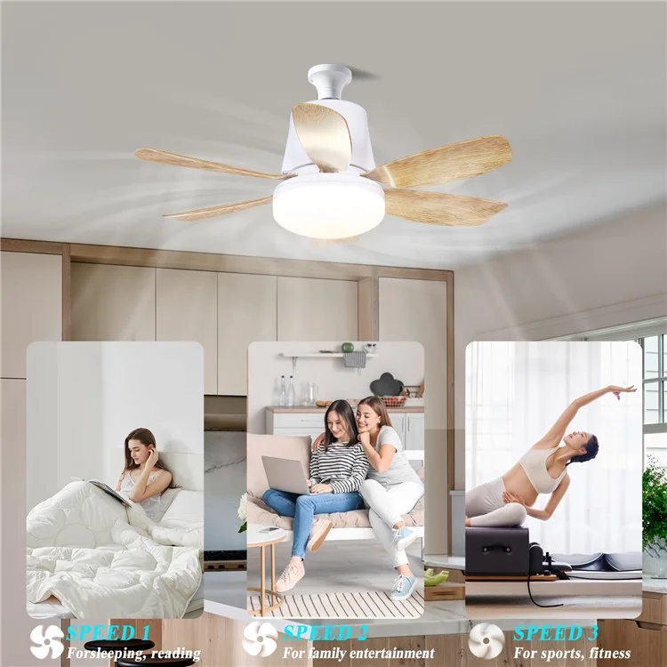 LEC020 Remote Control 3 Speeds Adjustable E27 Ceiling Fan Light with Wood Grain Blades - White