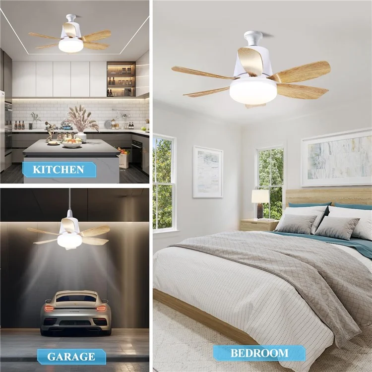 LEC020 Remote Control 3 Speeds Adjustable E27 Ceiling Fan Light with Wood Grain Blades - White