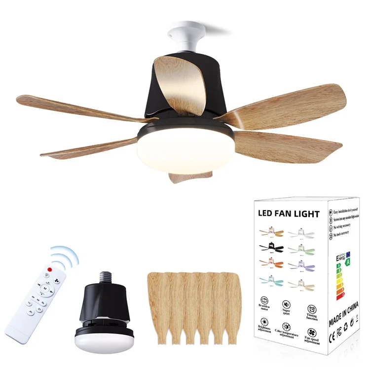 LEC020 Remote Control 3 Speeds Adjustable E27 Ceiling Fan Light with Wood Grain Blades - White