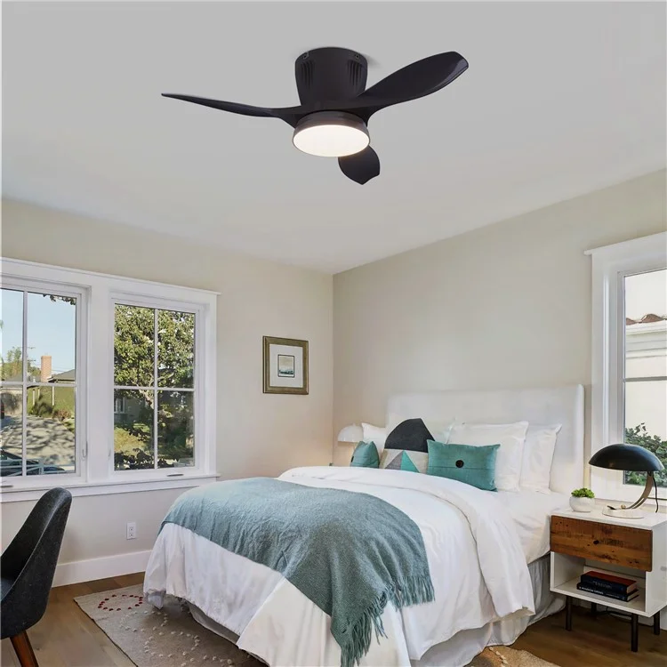 LEC016 Luminária de Ventilador com 3 Velocidades, Luz de Teto Regulável para Sala de Estar / Sala de Jantar, Pás na Cor Sólida - Preto