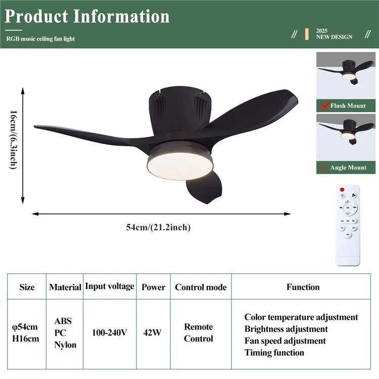 LEC016 Luminária de Ventilador com 3 Velocidades, Luz de Teto Regulável para Sala de Estar / Sala de Jantar, Pás na Cor Sólida - Preto