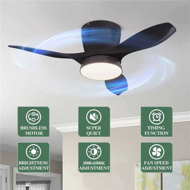 LEC016 Luminária de Ventilador com 3 Velocidades, Luz de Teto Regulável para Sala de Estar / Sala de Jantar, Pás na Cor Sólida - Preto