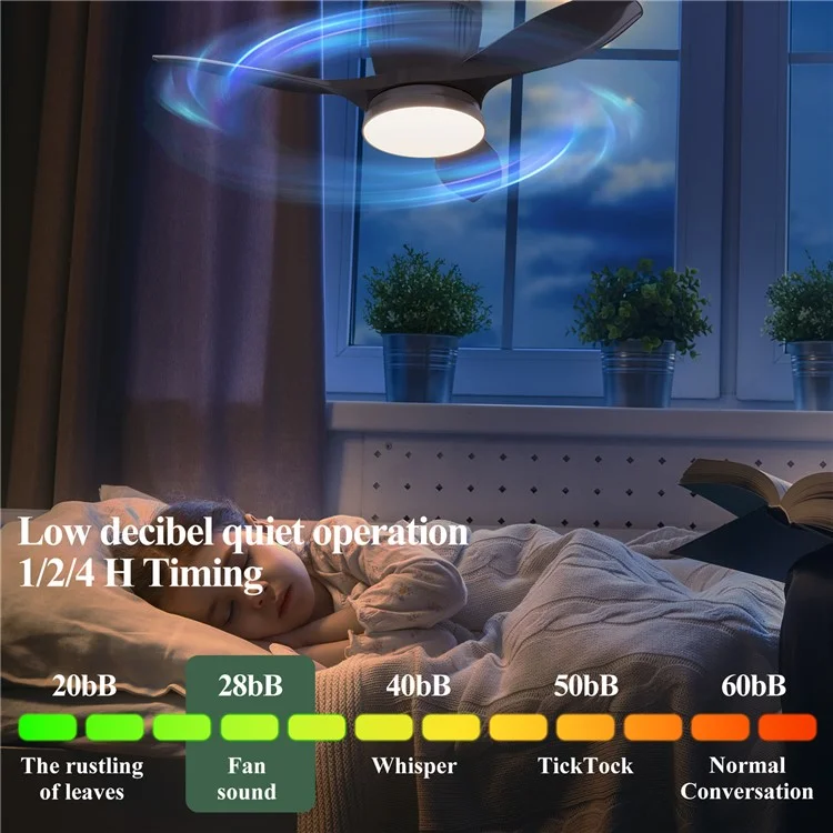 LEC016 Luminária de Ventilador com 3 Velocidades, Luz de Teto Regulável para Sala de Estar / Sala de Jantar, Pás na Cor Sólida - Preto